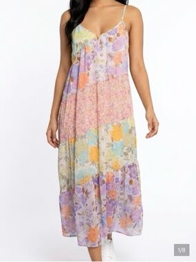 Mystree Pastel Floral Patchwork Tiered Maxi Dress